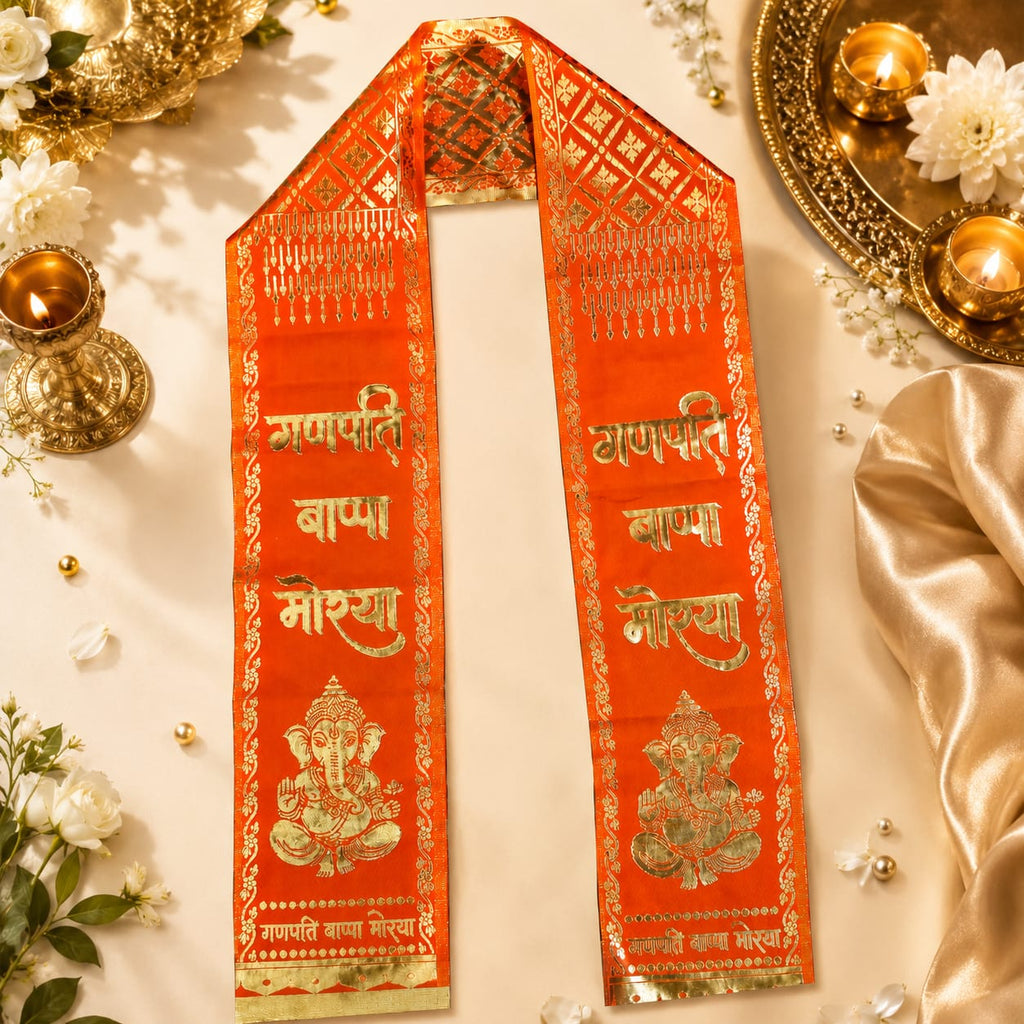 Ganpati Bappa Morya Khes  | Devotional Printed Puja Stole | 66 × 6 Inch | Ganesh Festival, Visarjan, Bhajan - Image 4