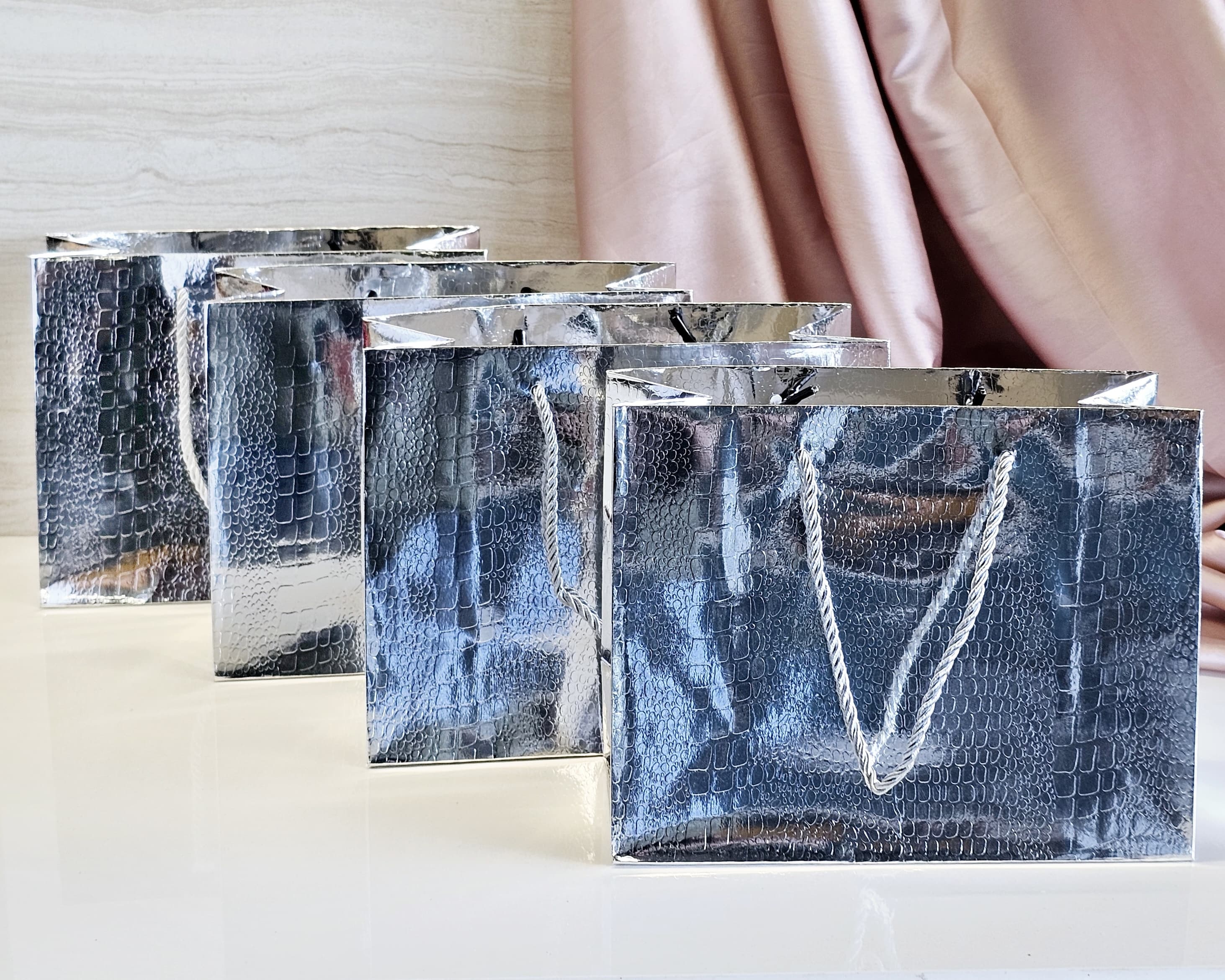 Small Size Shiny Paper Bag Gift Bags with Handle Gift Paper bag, gift For Gifting, marriage, Return Gifts, Birthday, Wedding, Party, Season's Greetings (Small, Silver) - Image 3