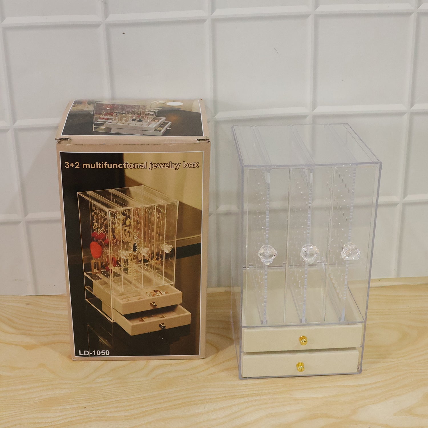 Acrylic Jewelry Organizer Box 3 Hanging Panels And 2 Drawers For Earrings (1 Set)