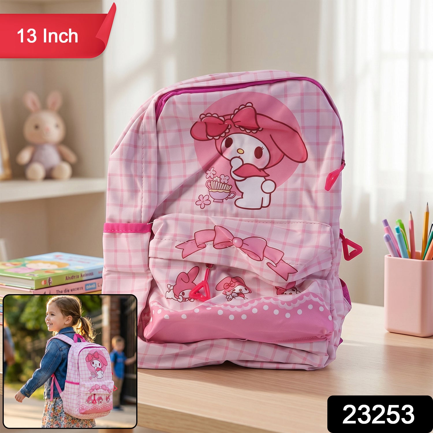 Cute Bow And Bunny Design Backpack  (1 Pc 13 Inch)