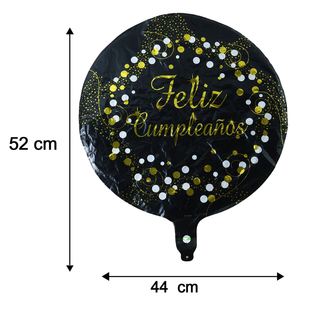 Black Round Feliz Cumpleanos Foil Balloon For Birthday Decor (1 Pc)
