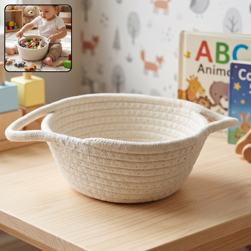 Cotton Rope Woven Storage Basket With Handles For Toys And Organizing (1 Pc)