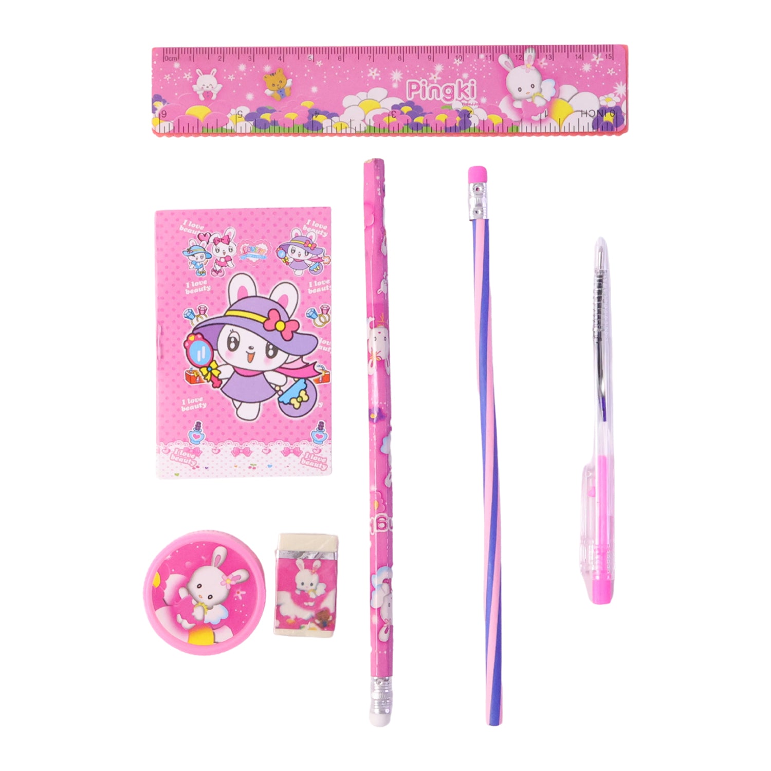 7-in-1 Cute Pink Stationery Set With Ruler Pencil Eraser Pen Notebook Sharpener