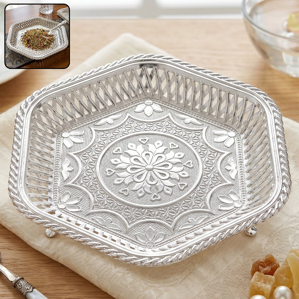 Decorative Silver Serving Tray  Traditional Embossed Floral Design