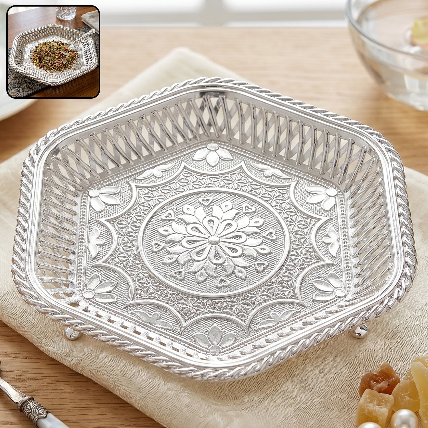 Decorative Silver Serving Tray  Traditional Embossed Floral Design