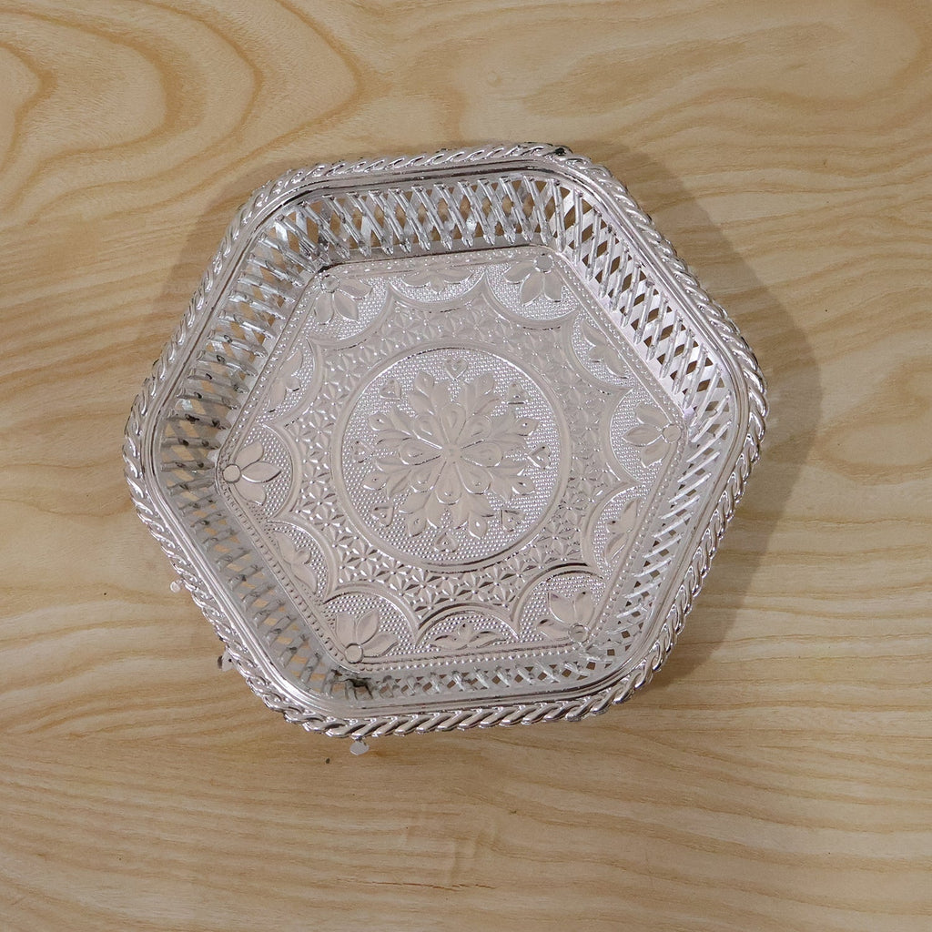 Decorative Silver Serving Tray  Traditional Embossed Floral Design