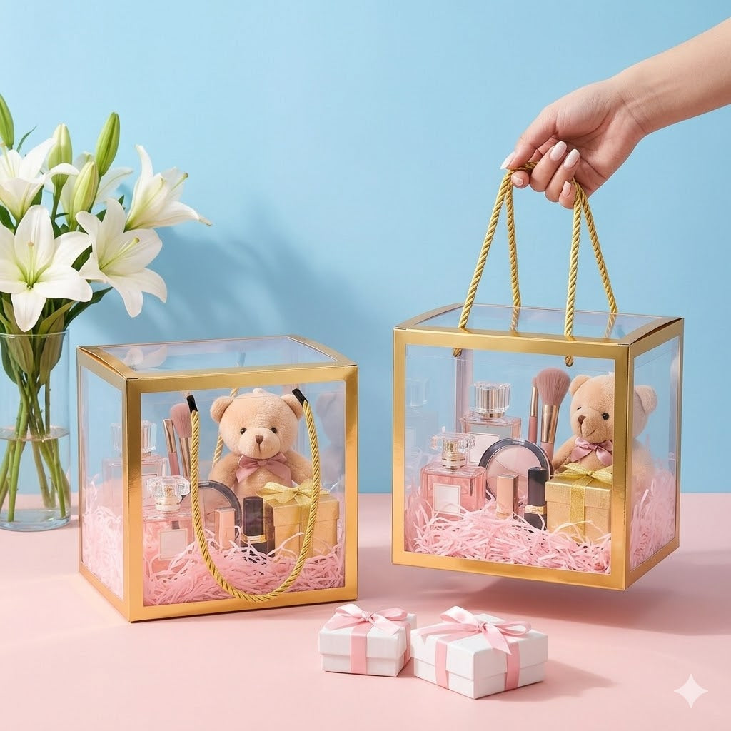 Clear Transparent Gift Box with Frame and Rope Handle for Hampers, Wedding Gifts, Return Gifts, Chocolates, Dry Fruits, Cosmetics, Baby Shower, Festive Gifting & Premium Gift Packaging (21 cm x 21 cm x 21 cm size) - Image 6