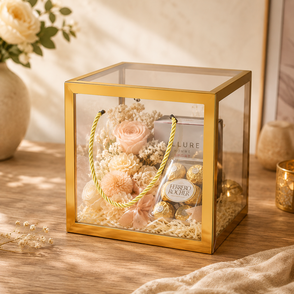 Clear Transparent Gift Box with Frame and Rope Handle for Hampers, Wedding Gifts, Return Gifts, Chocolates, Dry Fruits, Cosmetics, Baby Shower, Festive Gifting & Premium Gift Packaging (21 cm x 21 cm x 21 cm size) - Image 4