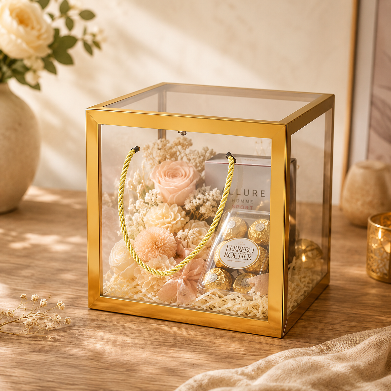 Clear Transparent Gift Box with Frame and Rope Handle for Hampers, Wedding Gifts, Return Gifts, Chocolates, Dry Fruits, Cosmetics, Baby Shower, Festive Gifting & Premium Gift Packaging (21 cm x 21 cm x 21 cm size) - Image 4