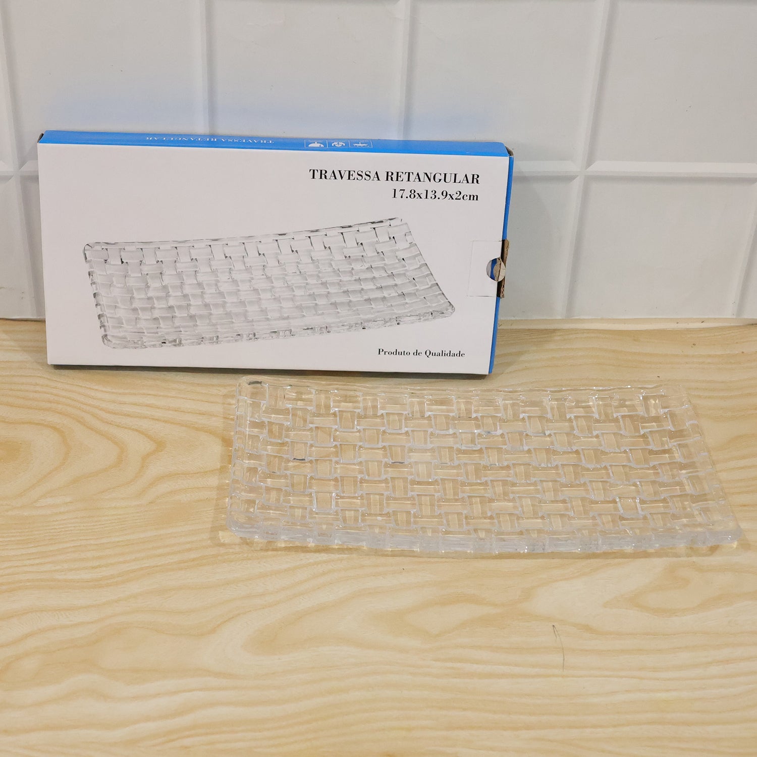 Transparent Glass Serving Tray 11 Inch Rectangular Basketweave Platter (1 Pc)