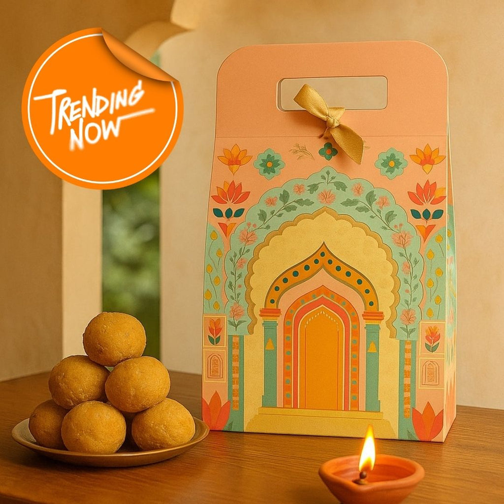 Affordable peach Rajwadi hamper Multipurpose Decorative Folding Paper Cardboard Box DIY Box for Gift Hamper, Diwali Gifting, Wedding gifing (Small) - Image 1