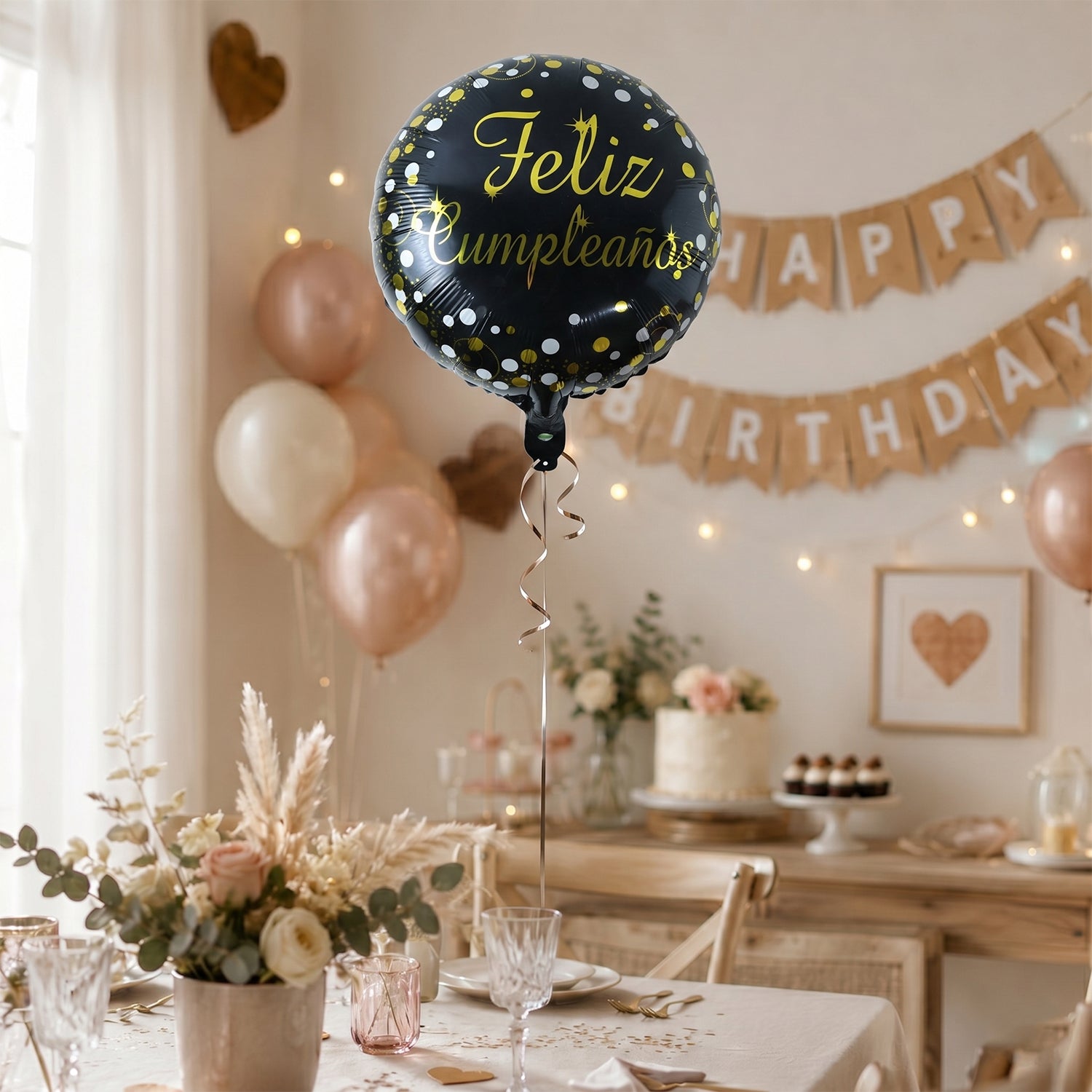 Black Round Feliz Cumpleanos Foil Balloon For Birthday Decor (1 Pc)