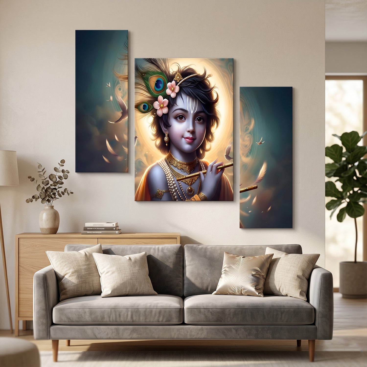 Krishna N Flute 3 Panel Mdf Wall Frame Wall Art Painting 16.5x12in (1 Pc)