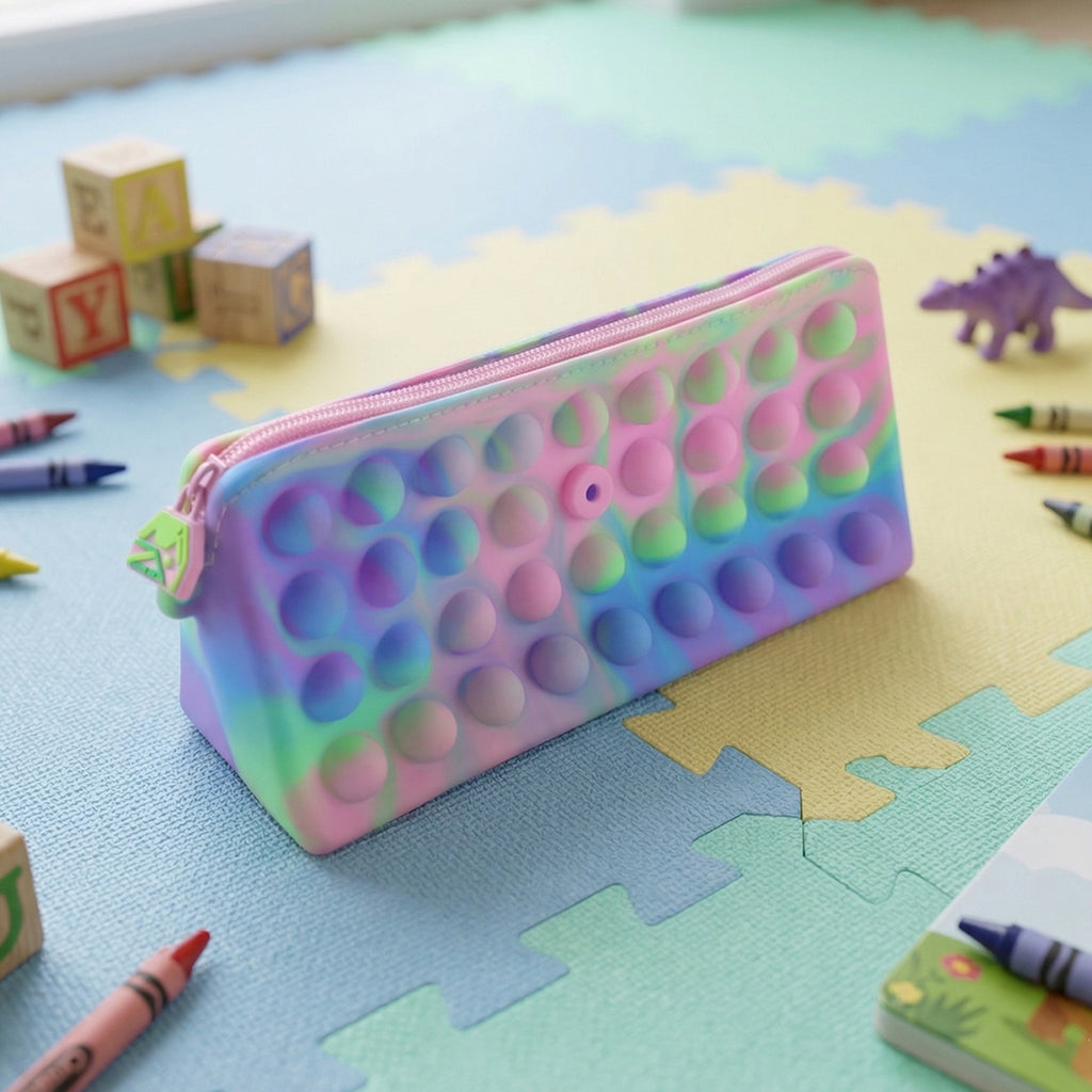 Multicolor Pop It Silicone Pencil Pouch For Kids (1 Pc 21x10 Cm)