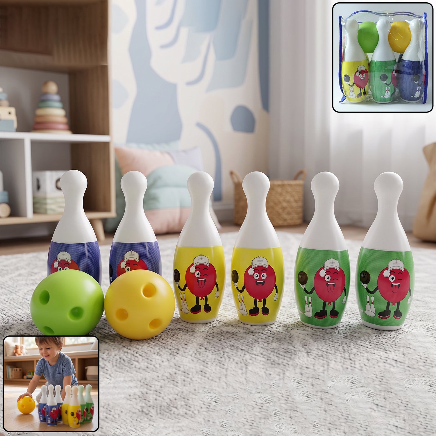 Kids Bowling Set With 6 Colorful Pins And 2 Balls (1 Set)