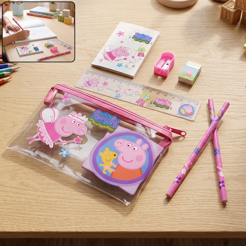 Kids School Stationery Kit With Pencils Eraser Sharpener Ruler Pouch (1 Set)