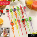Childrens Plastic Straws Reusable Plastic Straws (12 Pcs Set  Mix Design)