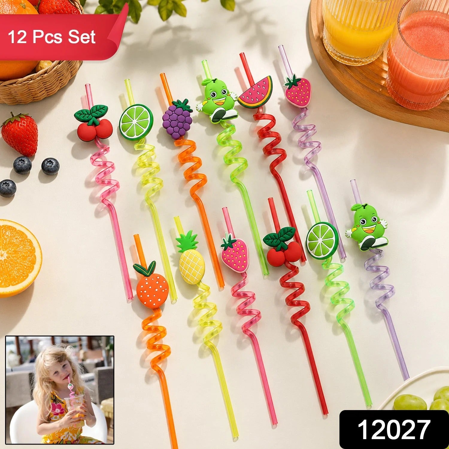 Childrens Plastic Straws Reusable Plastic Straws (12 Pcs Set  Mix Design)