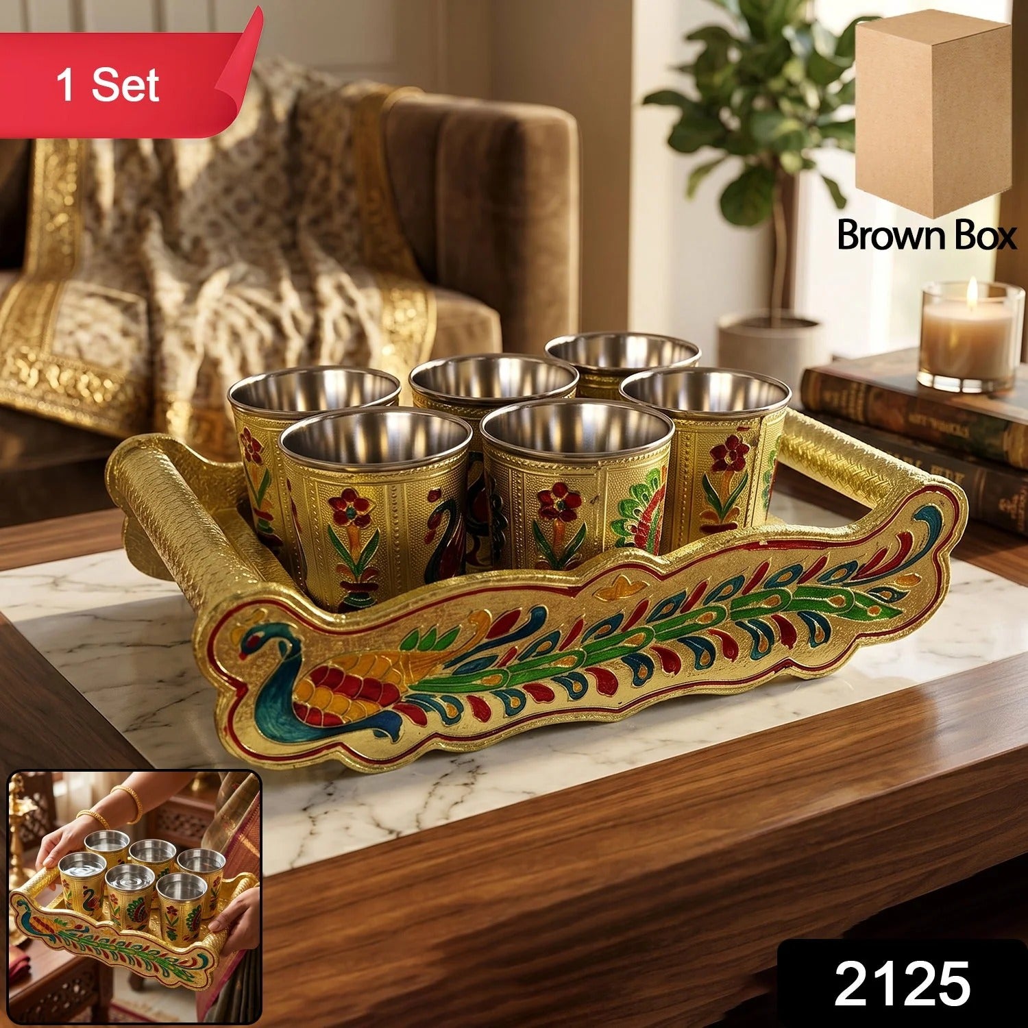 2125 Peacock Design Glass With Handle And Handicraft Serving Tray Set