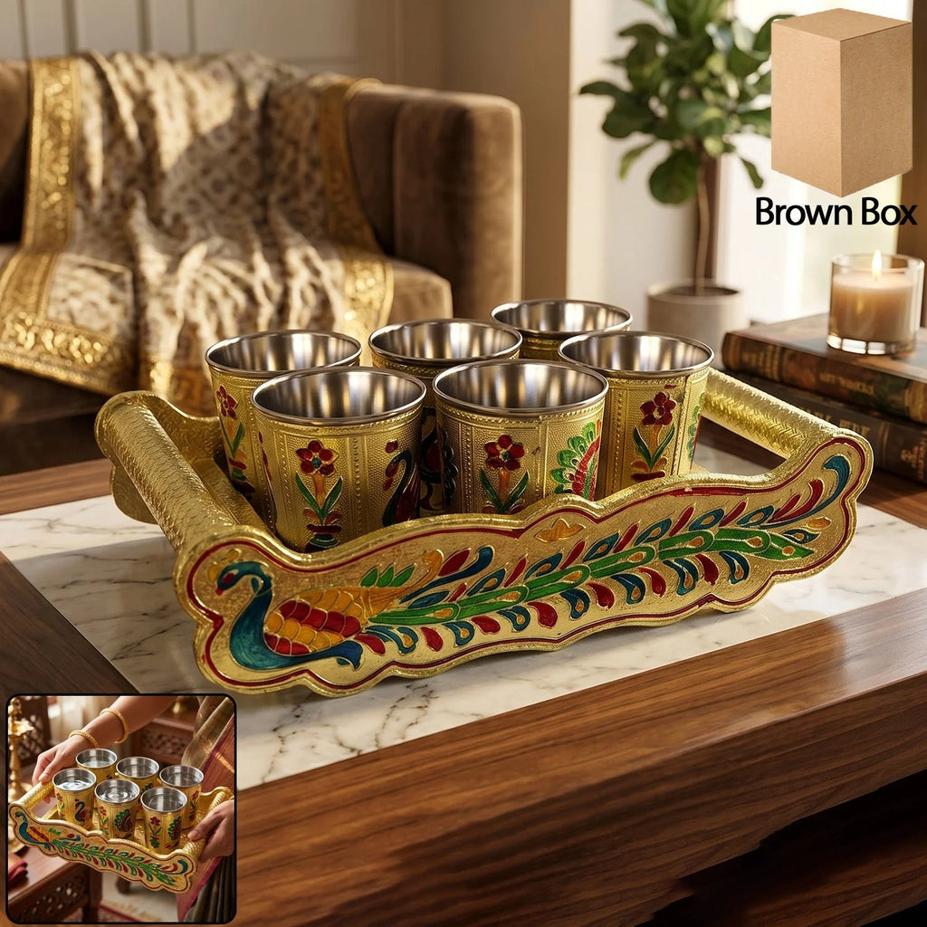 2125 Peacock Design Glass With Handle And Handicraft Serving Tray Set