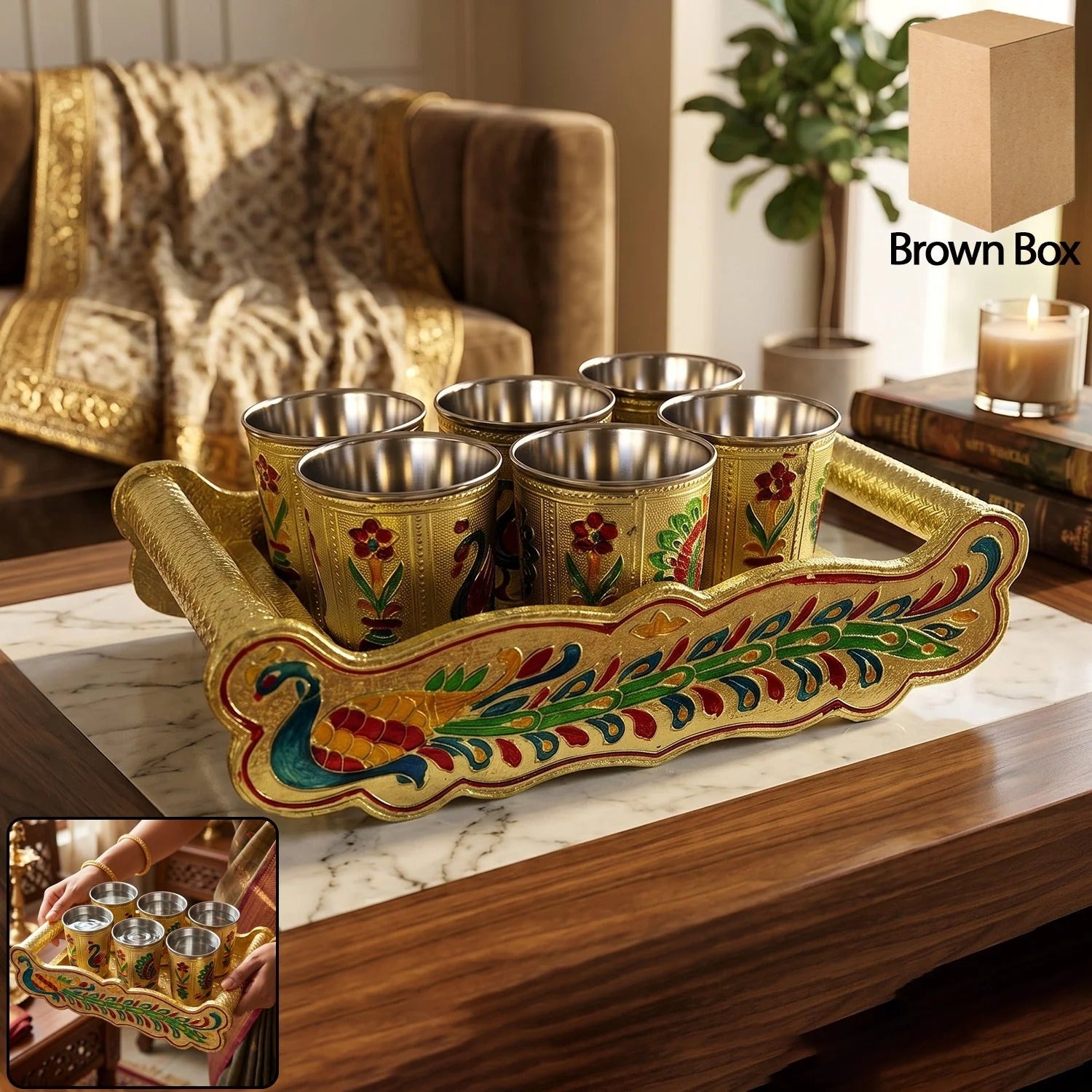 2125 Peacock Design Glass With Handle And Handicraft Serving Tray Set