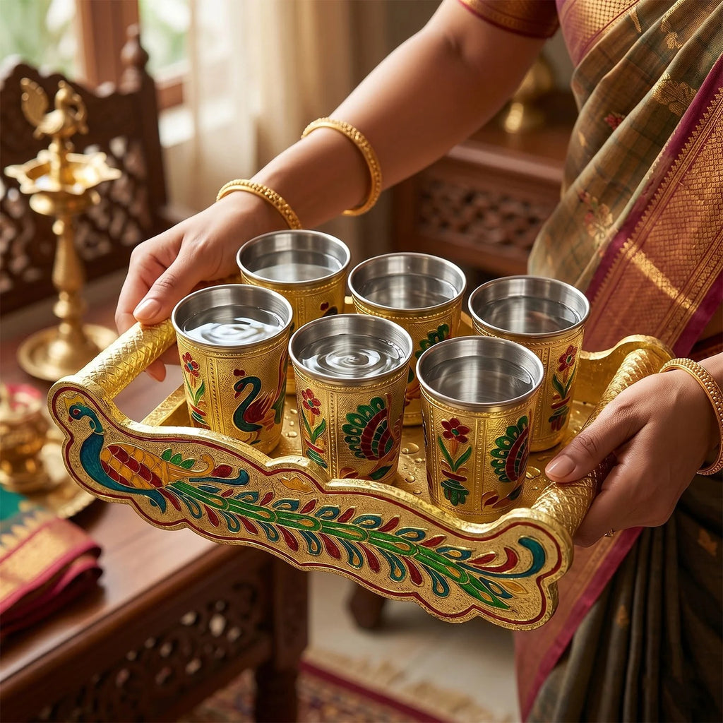 2125 Peacock Design Glass With Handle And Handicraft Serving Tray Set