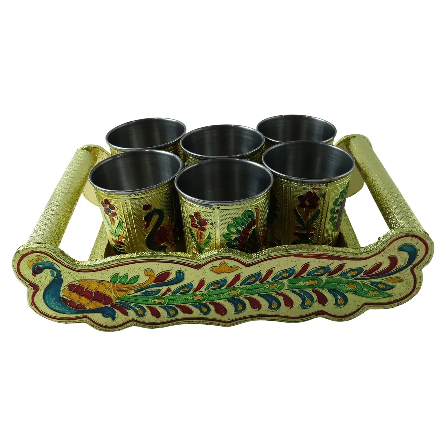 2125 Peacock Design Glass With Handle And Handicraft Serving Tray Set