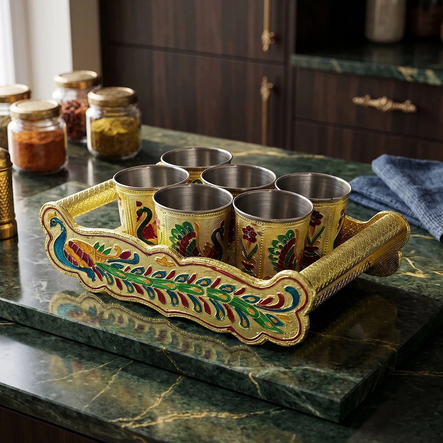 2125 Peacock Design Glass With Handle And Handicraft Serving Tray Set