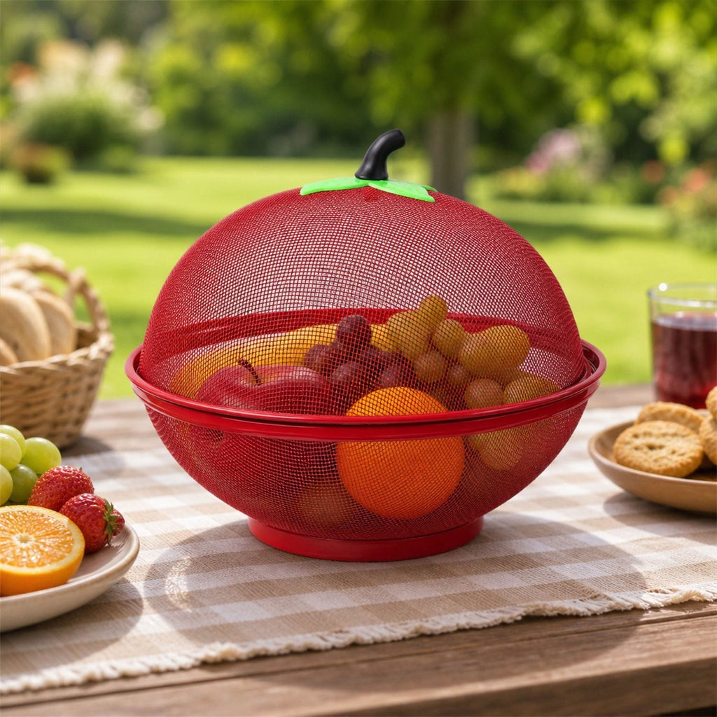 Metal Net Fruit Basket With Apple Shaped Dome Cover For Kitchen Use (1 Pc)