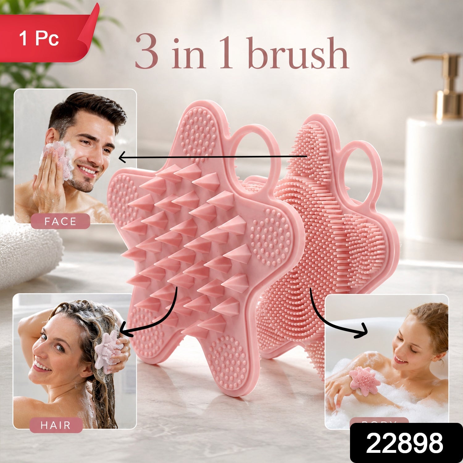 3 In 1 Silicone Shampoo Scalp Massager Brush Face Hair Body Cleanser (1 Pc)