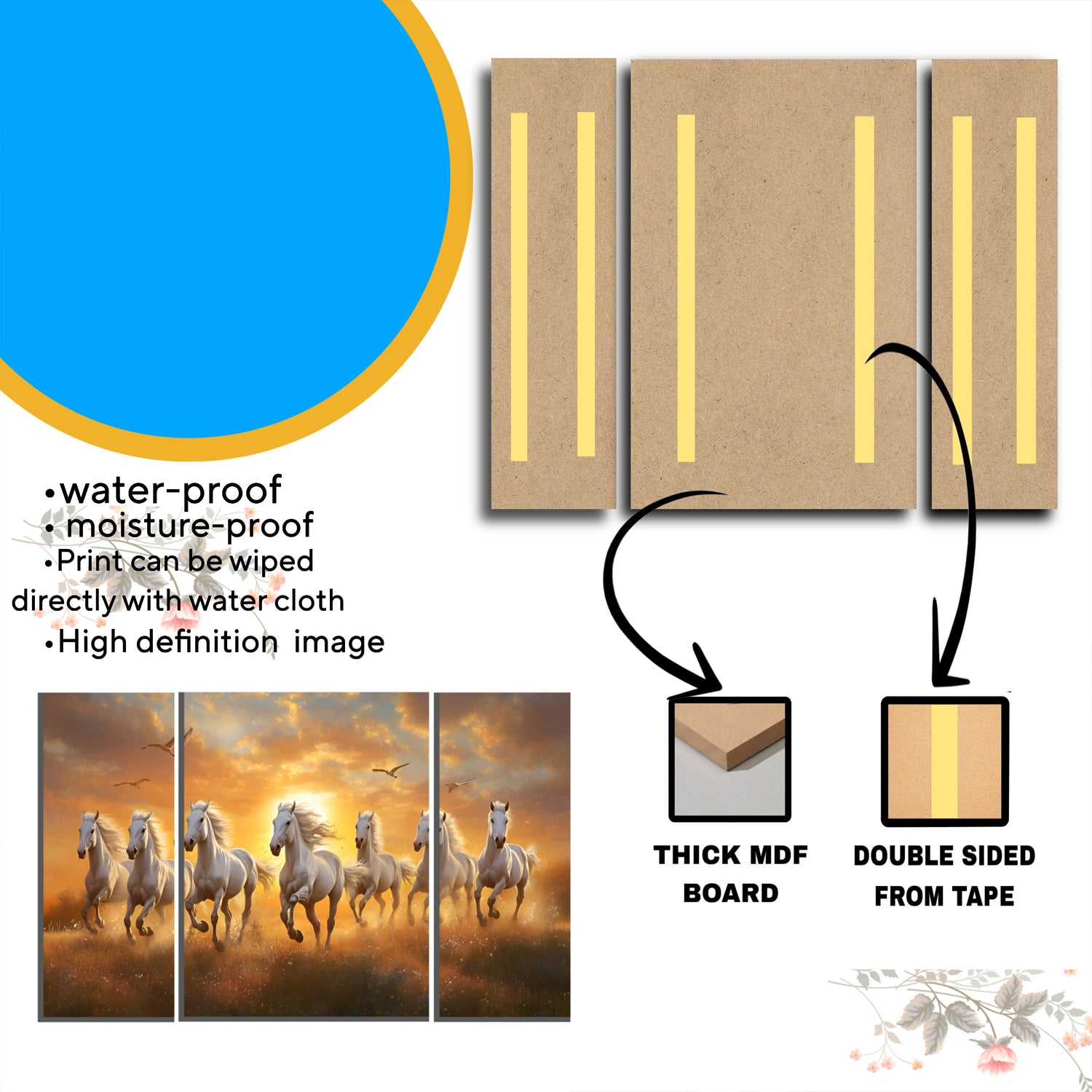 Horses Sunset 3 Panel Mdf Wall Frame Wall Art Painting 16.5x12in (1 Pc)