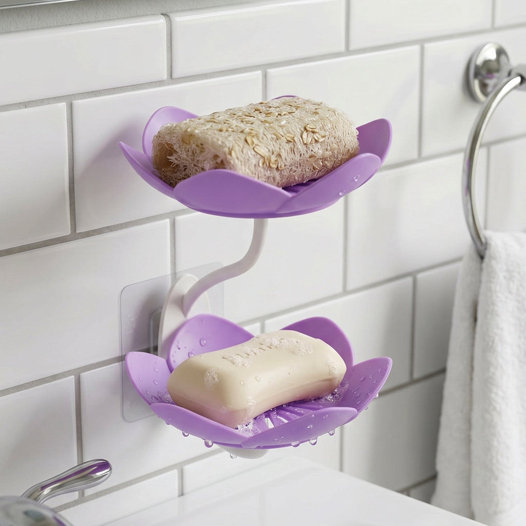 Flower Shape Double Layer Plastic Soap Dish Wall Mounted Holder (1 Pc)