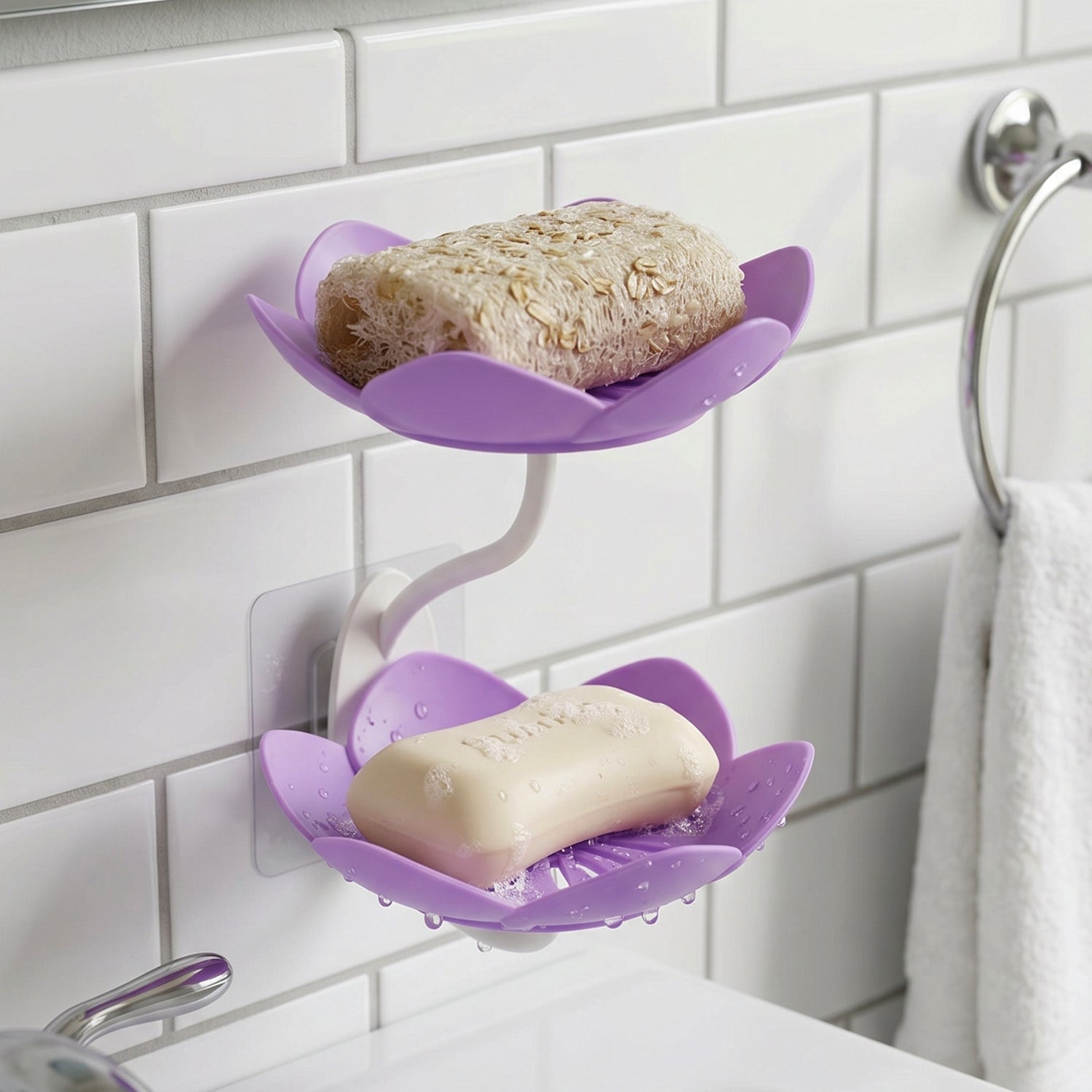 Flower Shape Double Layer Plastic Soap Dish Wall Mounted Holder (1 Pc)