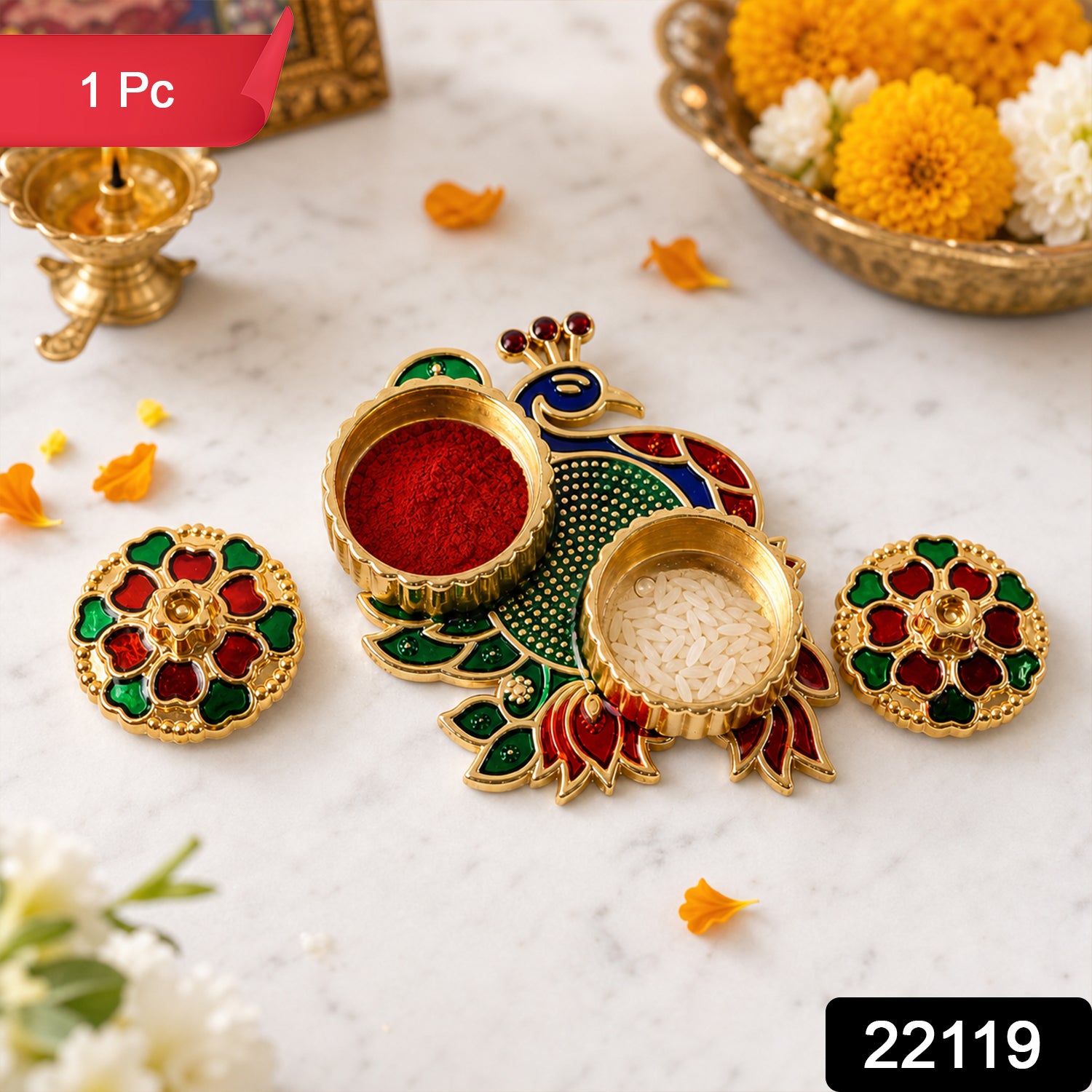 Peacock Design Decorative Kumkum Dani Kankavati Holder For Pooja Haldi Roli (1 Pc)