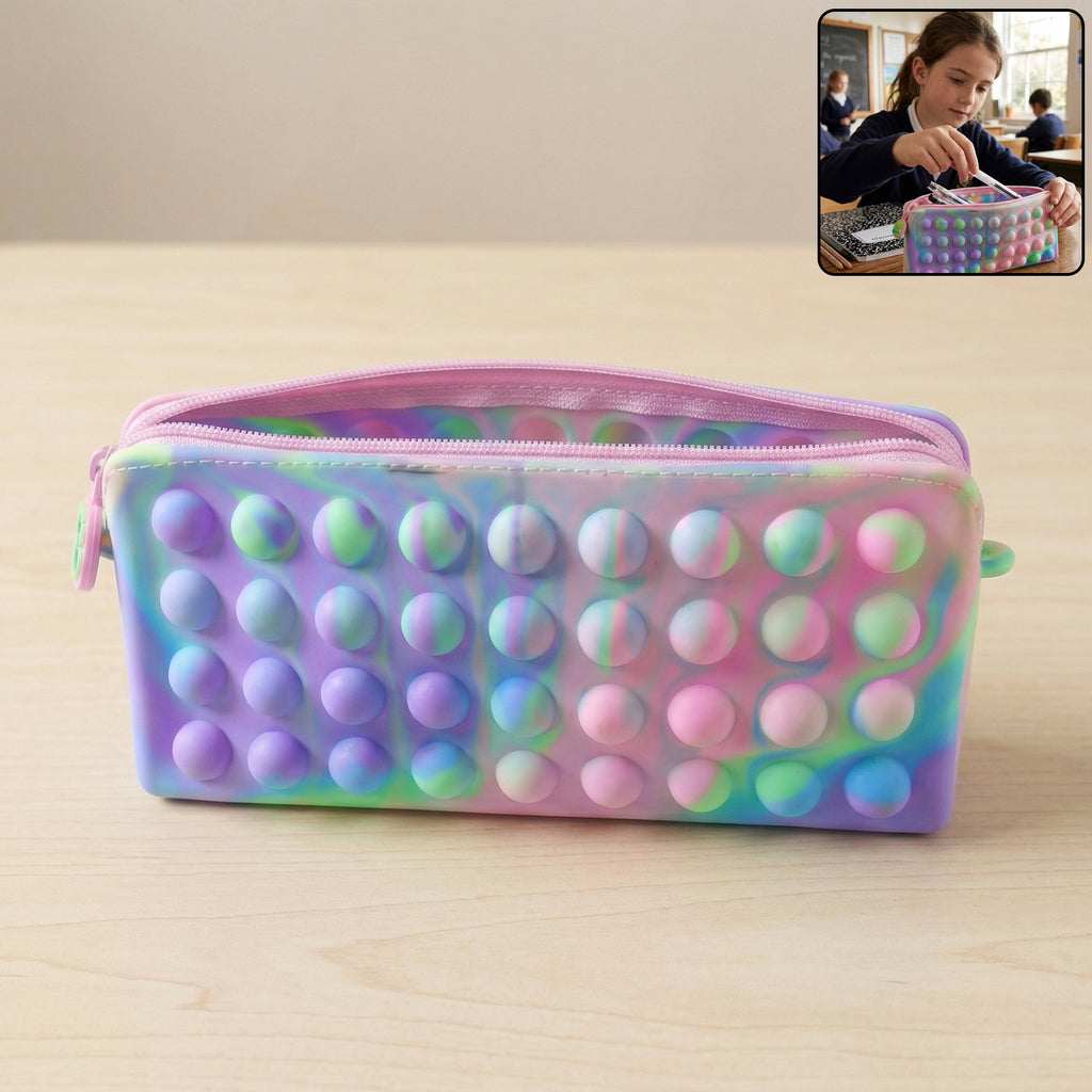 Multicolor Pop It Silicone Pencil Pouch For Kids (1 Pc 21x10 Cm)