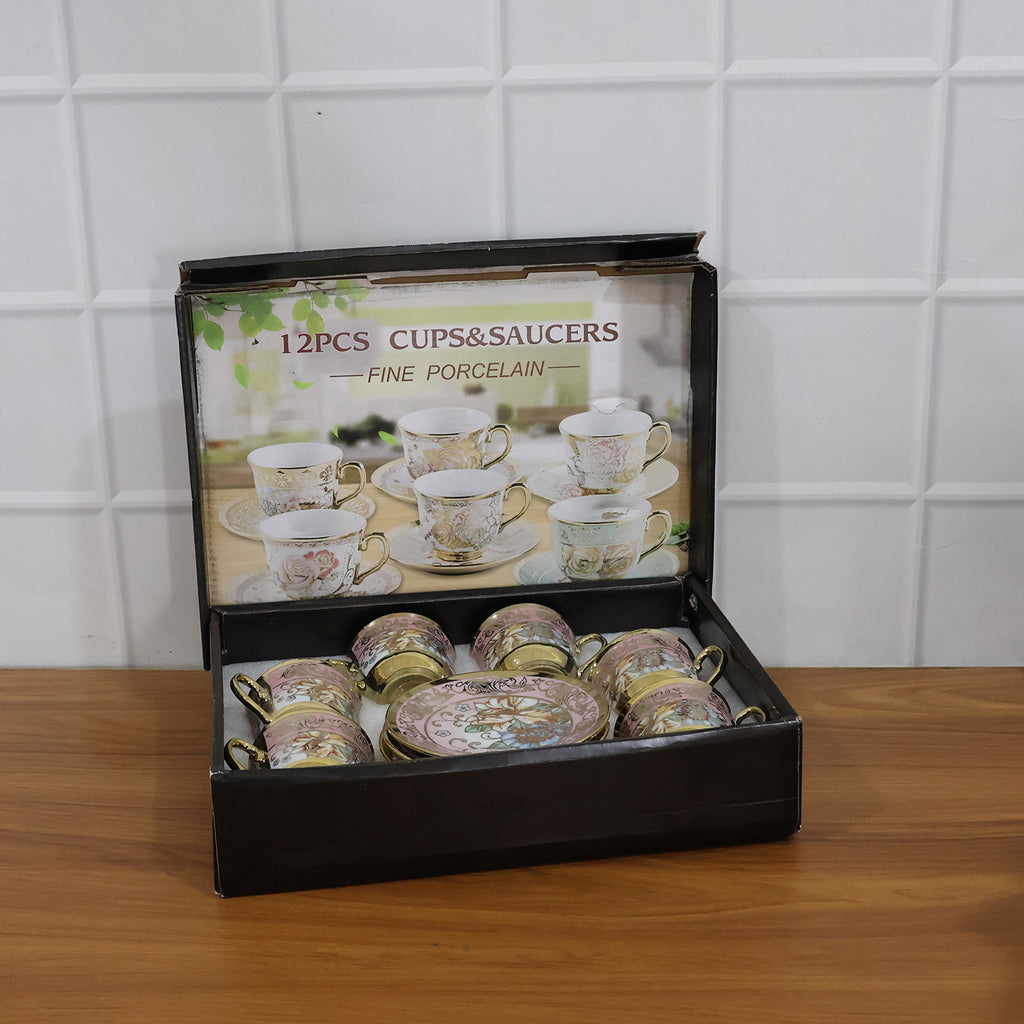 Premium Floral Porcelain Tea Cup And Saucer Set (12 Pc Set)