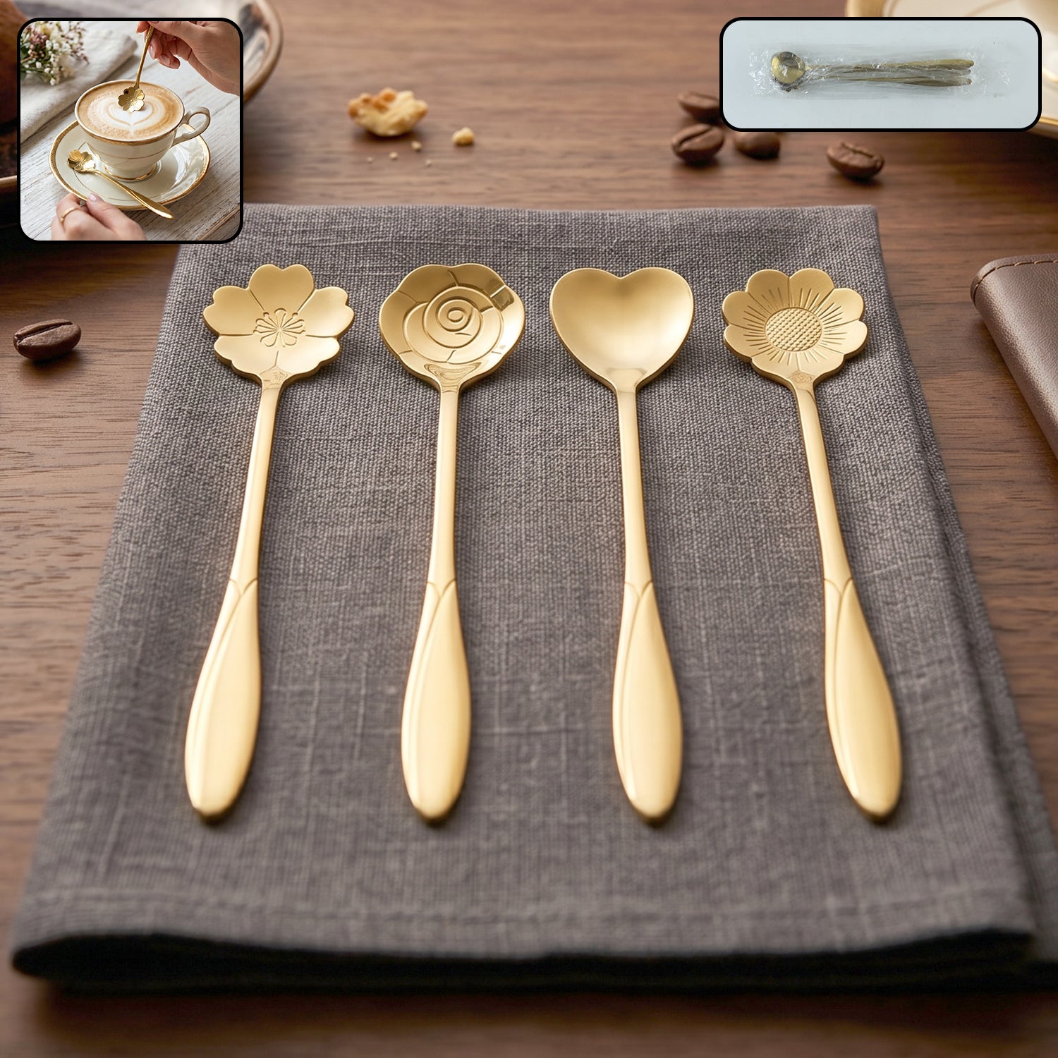 Golden Mini Serving Spoon Set Steel Dessert Tea Coffee Spoons For Home (4 Pc Set)