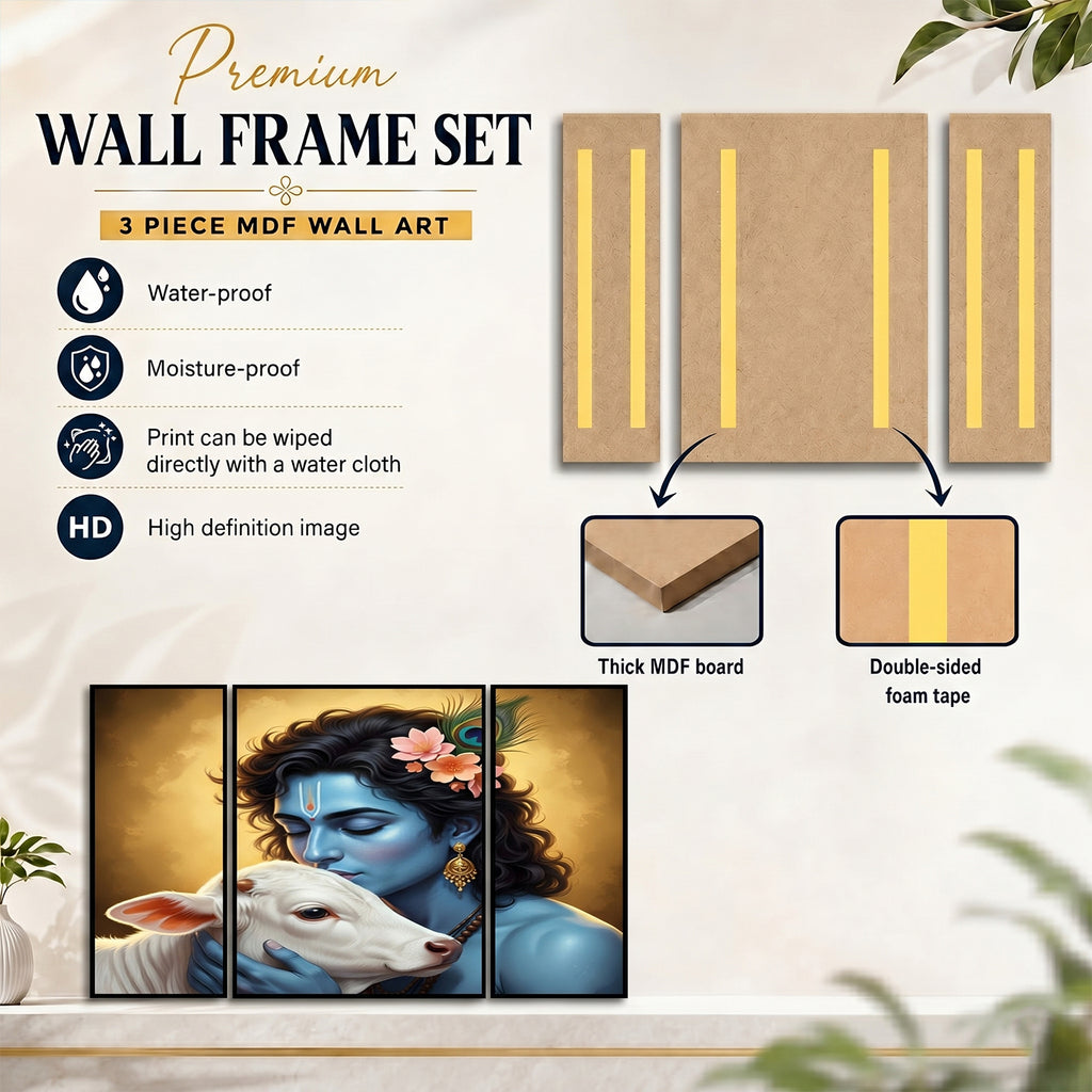 Krishna N Cow 3 Panel Mdf Wall Frame Wall Art Painting 16.5x12in (1 Pc)