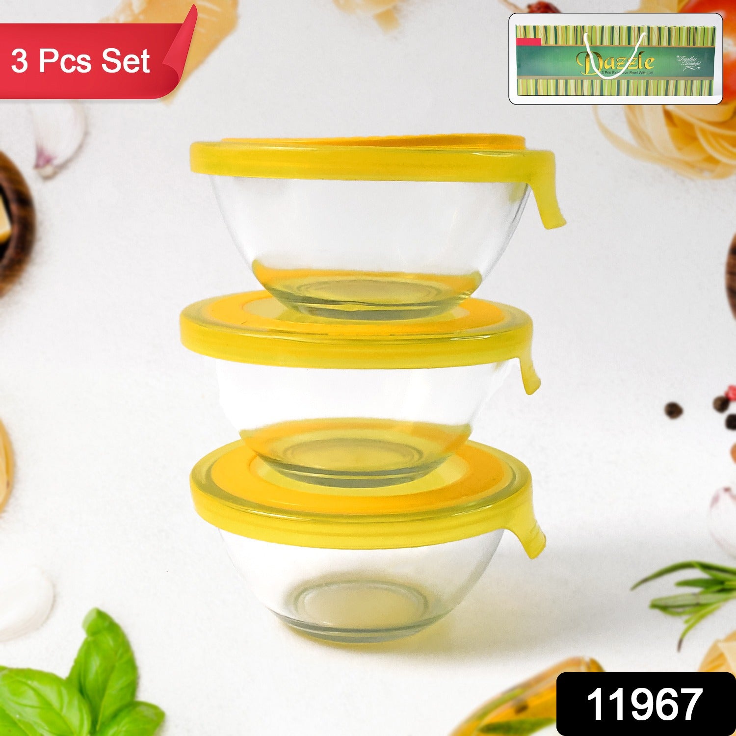 Dazzle Glass Bowl Set Mixing  Storage Bowls With Lids (3 Pcs Set)
