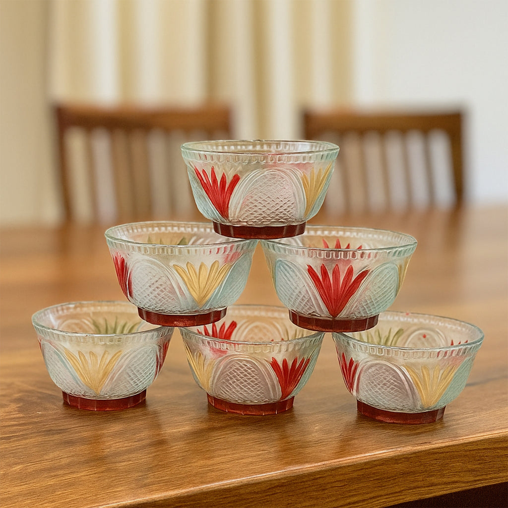 8234 Rose Glass Multipurpose Pudding  Dessert  Ice Cream Bowl Set For Home Use Home  Kitchen Serving Bowl For Sundae Sweets Snacks Fruit Pudding Nuts Or Dip Serving Bowls 6 Medium  1 Big Bowl (Set Of 7 Pc)