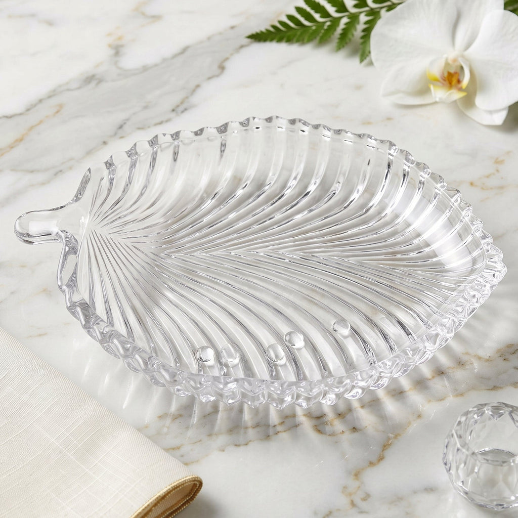 Leaf Shape Glass Serving Tray 20 X 16 Cm Platter For Snacks And Dessert (1 Pc)