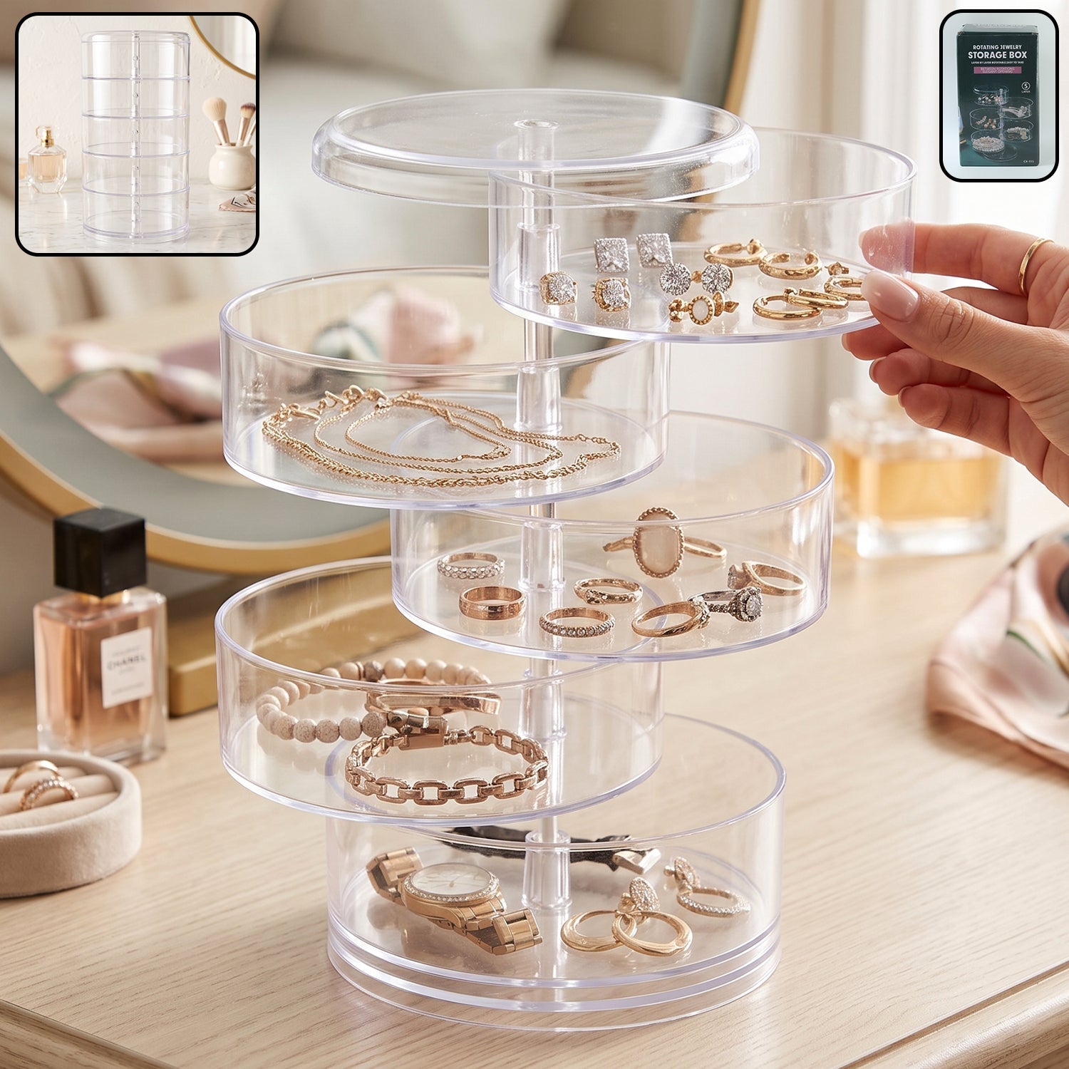 5 Layer Rotating Jewelry Storage Box Organizer For Rings Earrings Watches (1 Pc)