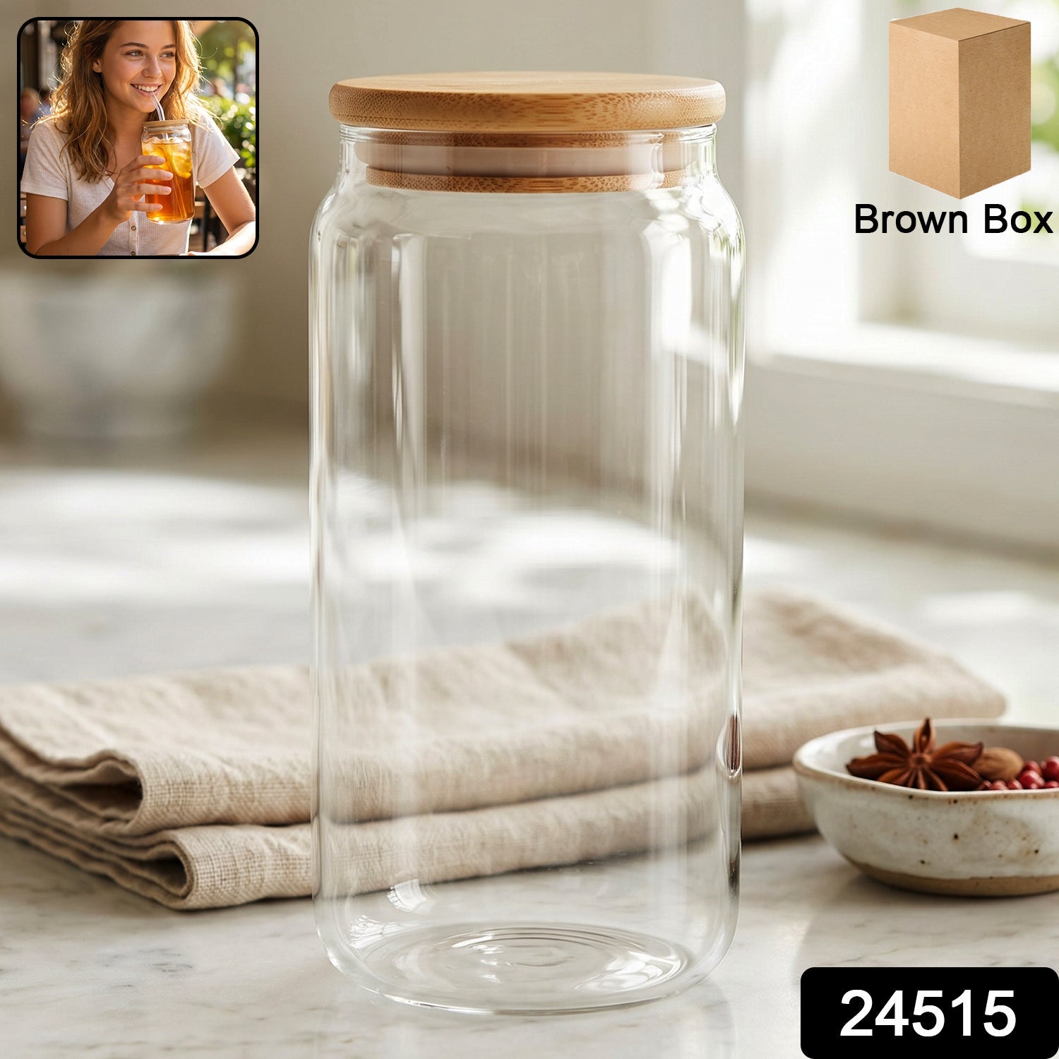Airtight Glass Storage Jar With Bamboo Wooden Lid For Kitchen Canister (1 Pc)