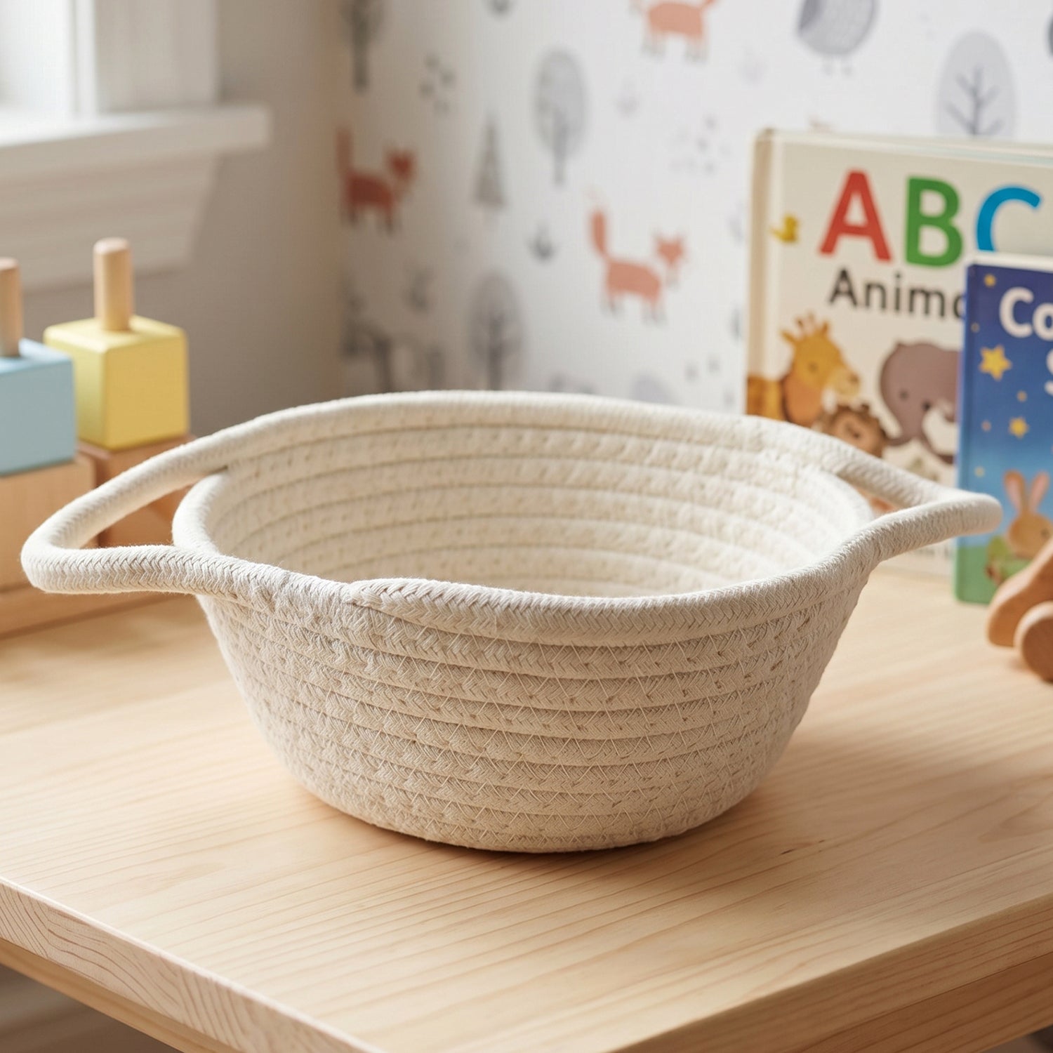 Cotton Rope Woven Storage Basket With Handles For Toys And Organizing (1 Pc)