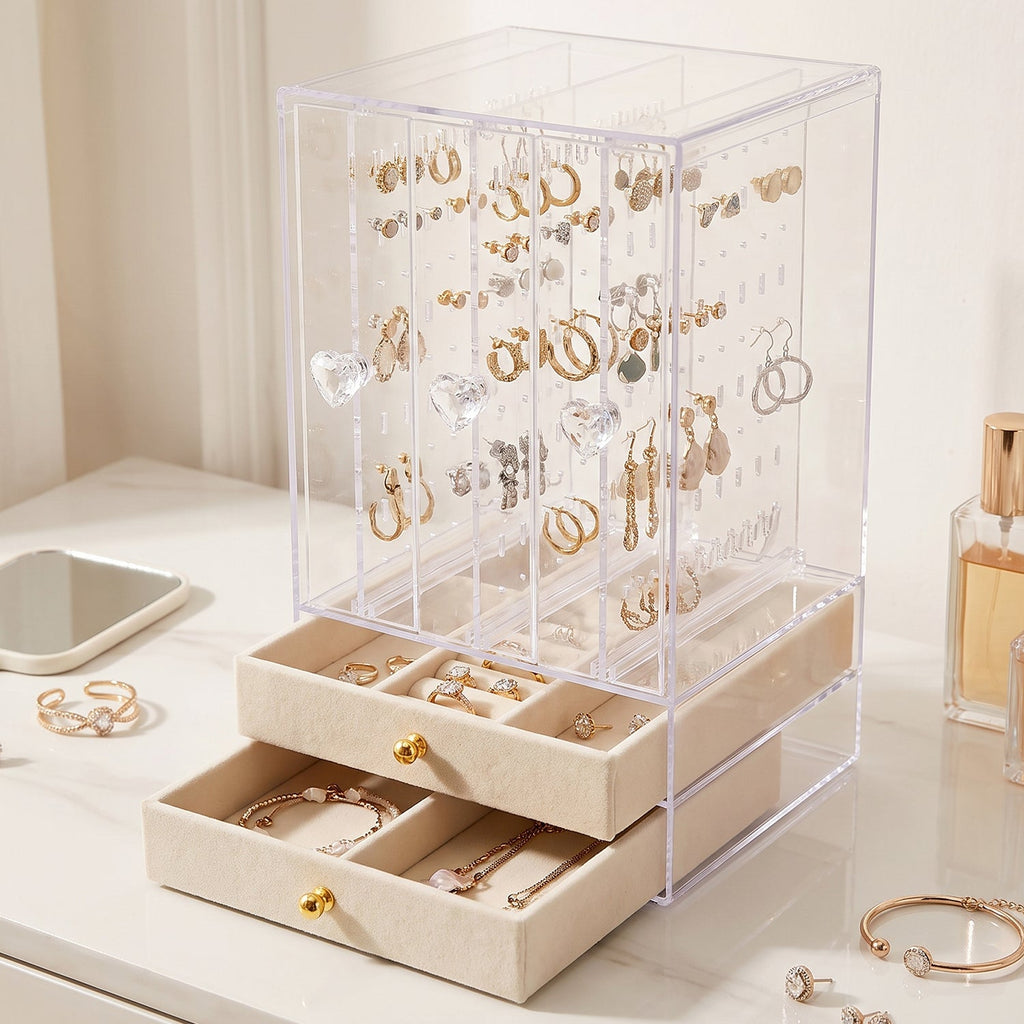 Acrylic Jewelry Organizer Box 3 Hanging Panels And 2 Drawers For Earrings (1 Set)