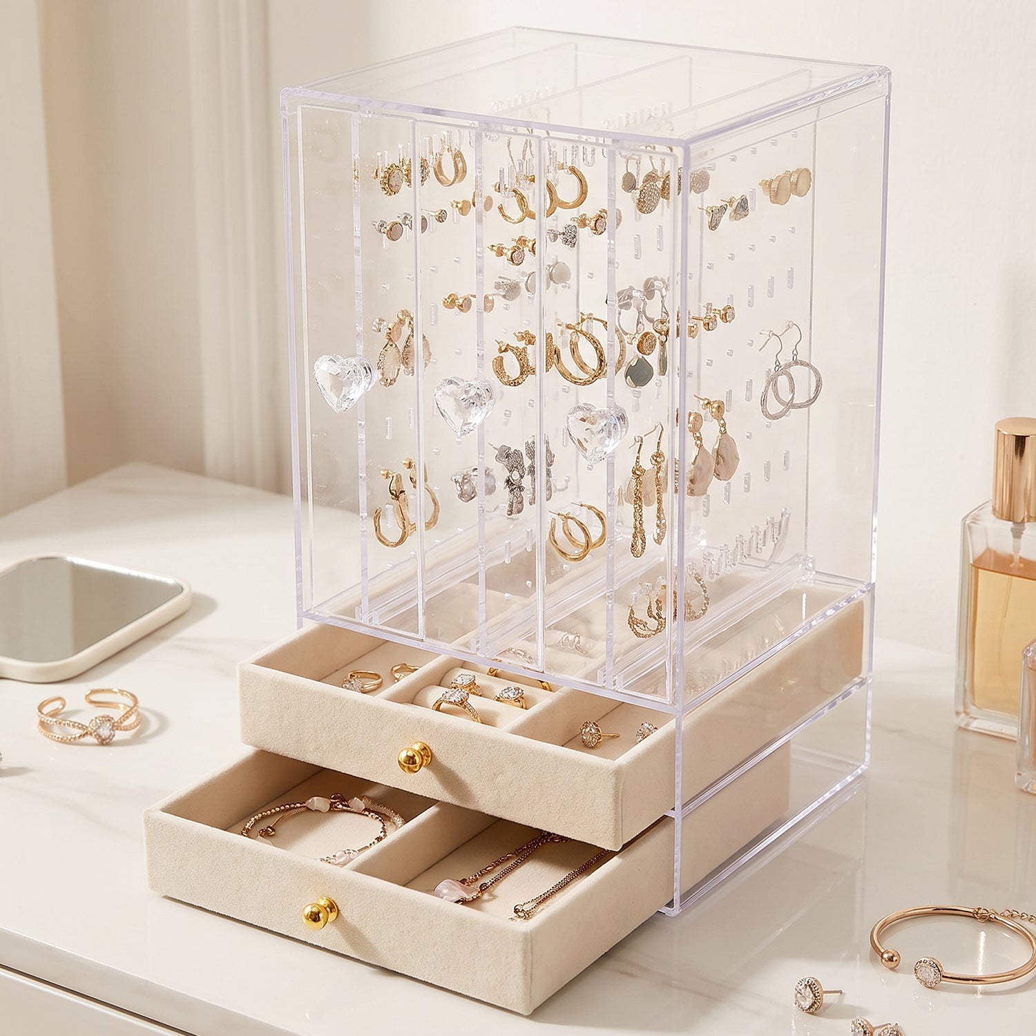 Acrylic Jewelry Organizer Box 3 Hanging Panels And 2 Drawers For Earrings (1 Set)