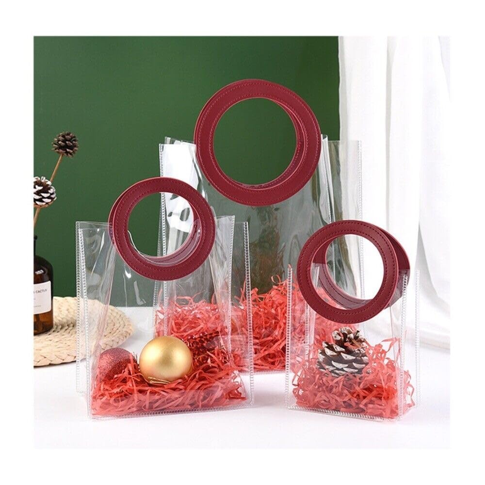 Small Transparent Bags with Circle Handle Gift Paper Bag, Carry Bags, Gift Bag, Gift for Birthday, Valentine, Marriage, Festivals, Season's Greetings and Events (Maroon) (Small)(18 x 9 x 20 cm)
