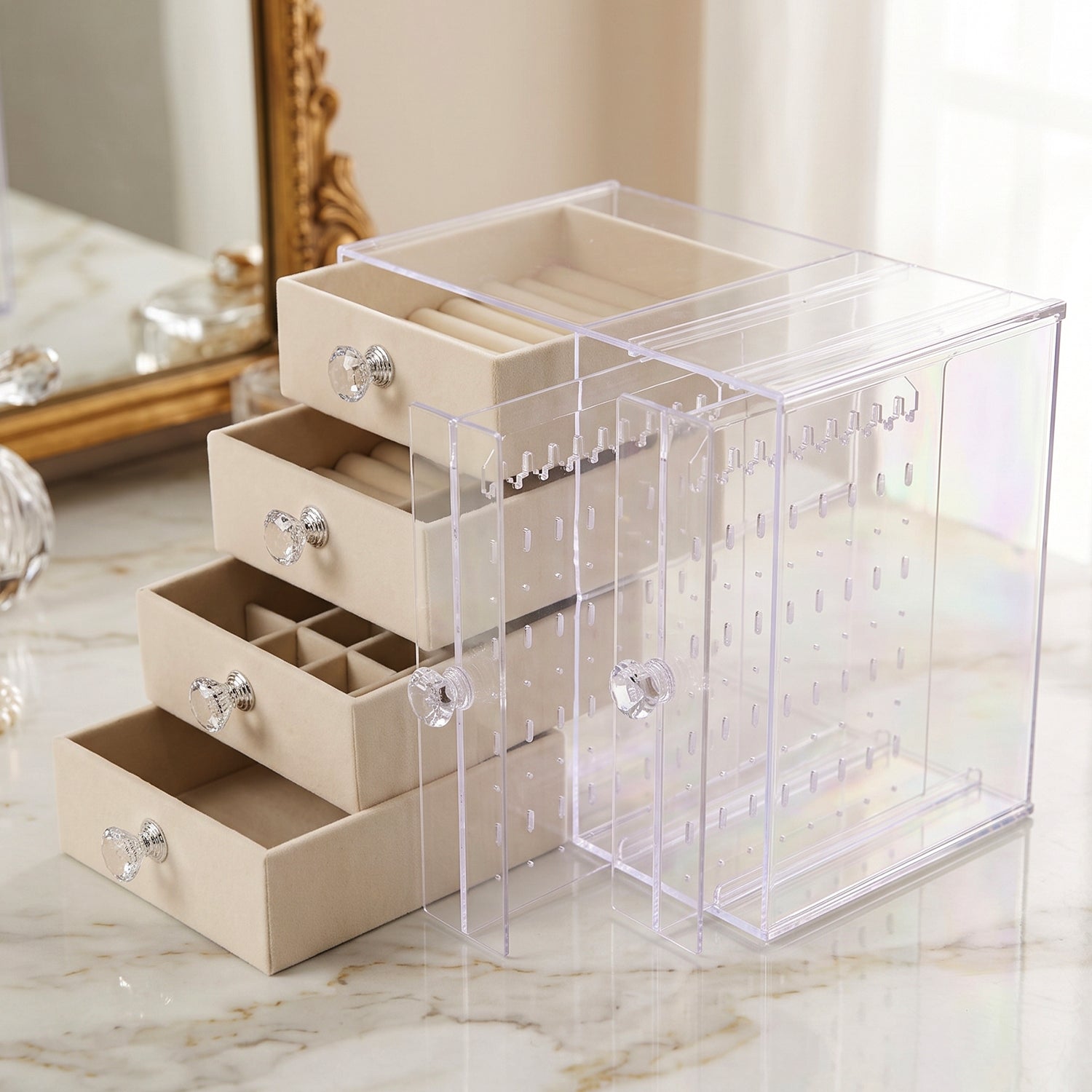 Acrylic Jewelry Organizer Box Multi-drawer Velvet Storage For Rings (1 Set)