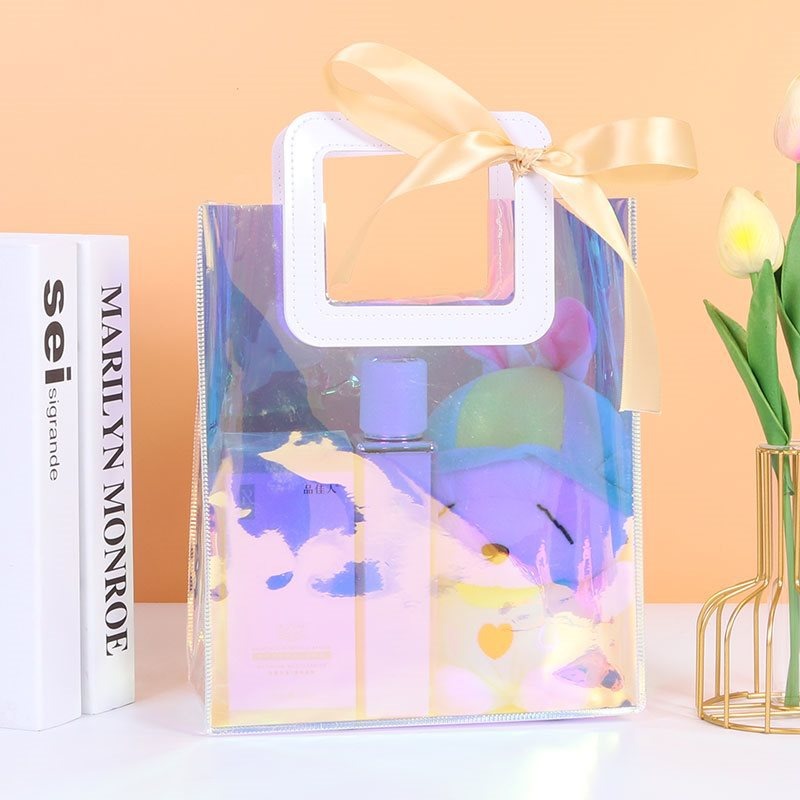 Transparent Bag with Square Handle, Goodie Bags, Clear Gift Bag, Hamper Bag, Carry Bags, Shopping Gift Bag, Gifting, Presents, Return Gifts, Birthday, Festivals, Events, wedding Gifting (Rainbow) (Small) (20 x 18) - Image 3