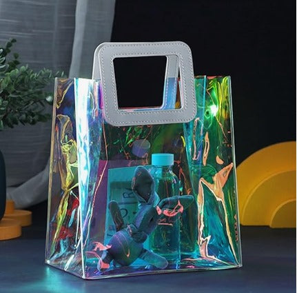 Transparent Bag with Square Handle, Goodie Bags, Clear Gift Bag, Hamper Bag, Carry Bags, Shopping Gift Bag, Gifting, Presents, Return Gifts, Birthday, Festivals, Events, wedding Gifting (Rainbow) (Small) (20 x 18) - Image 1
